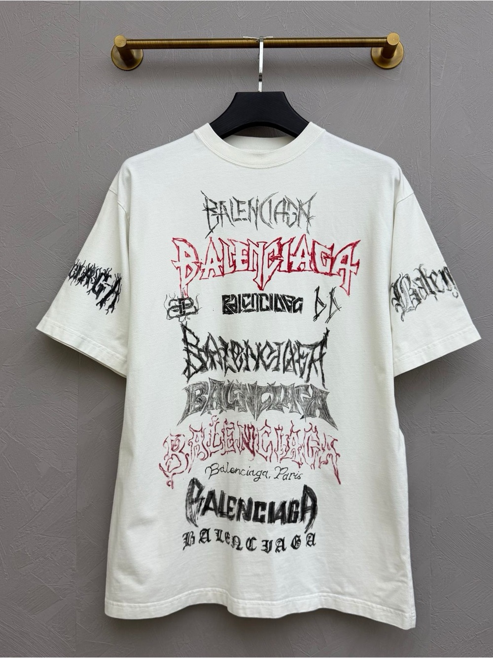 Balenciaga White Graphic Logo Tee with Red and Black Accents